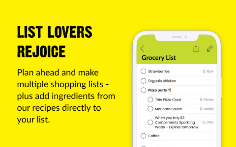 Text Reading ‘List Lovers Rejoice. Plan ahead and make multiple shopping lists - plus add ingredients from our recipes directly to your list.’