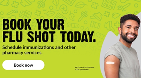 Text Reading " Book your flu shots today, Schedule Immunizations and other pharmacy services." Click on book now button to book the vaccine.